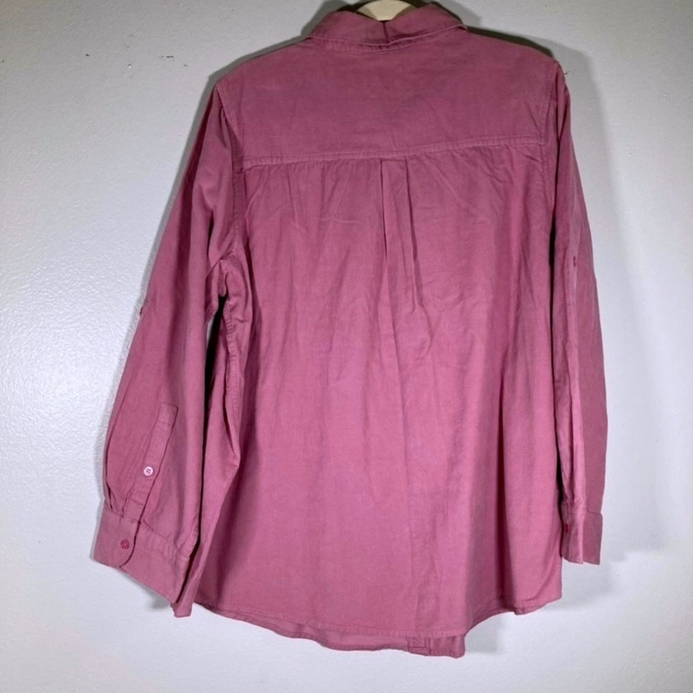 Woman Within L Pink Corduroy Button Down Shirt Pleated Bib Roll Tab Sleeve - Picture 8 of 14